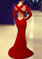 Rosewe Crossed Backless Red Trailing Mermaid Bandage Dress