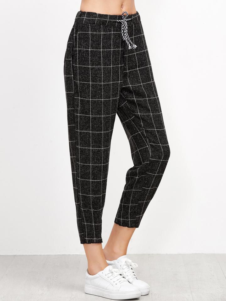 Shein Black Grid Print Drawstring Tapered Pants