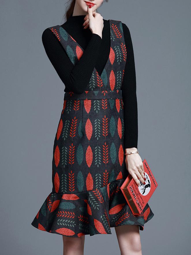 Shein Multicolor Knit Two-pieces Leaves Print Frill Dress
