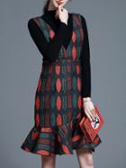 Shein Multicolor Knit Two-pieces Leaves Print Frill Dress