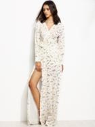 Shein White Feather Print Wrap V Neck Side Slit Maxi Dress