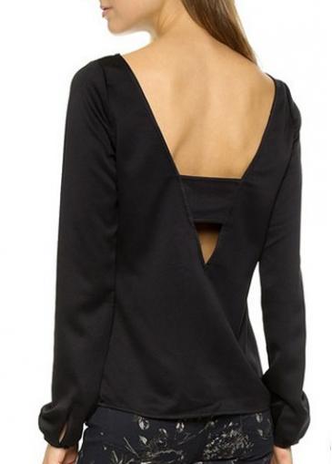 Rosewe Laconic Open Back Round Neck Long Sleeve Black T Shirt