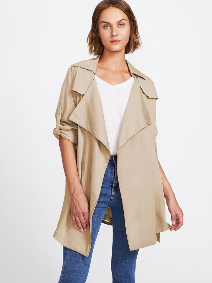 Shein Roll Tab Sleeve Drape Collar Wrap Coat