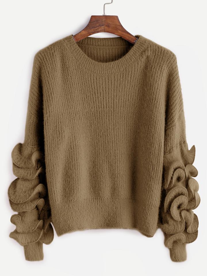 Shein Khaki Drop Shoulder Ruffle Trim Fuzzy Sweater