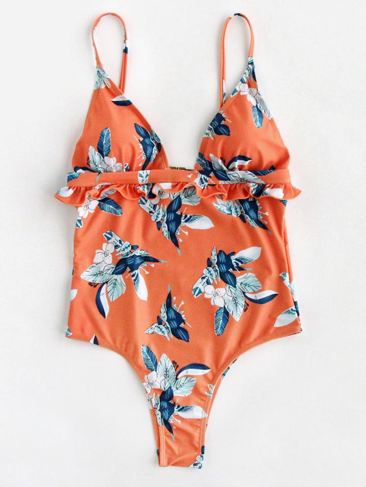 Shein Flower Print Ruffled Cut Out Back Swimsuit