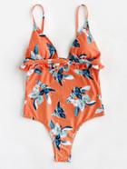 Shein Flower Print Ruffled Cut Out Back Swimsuit