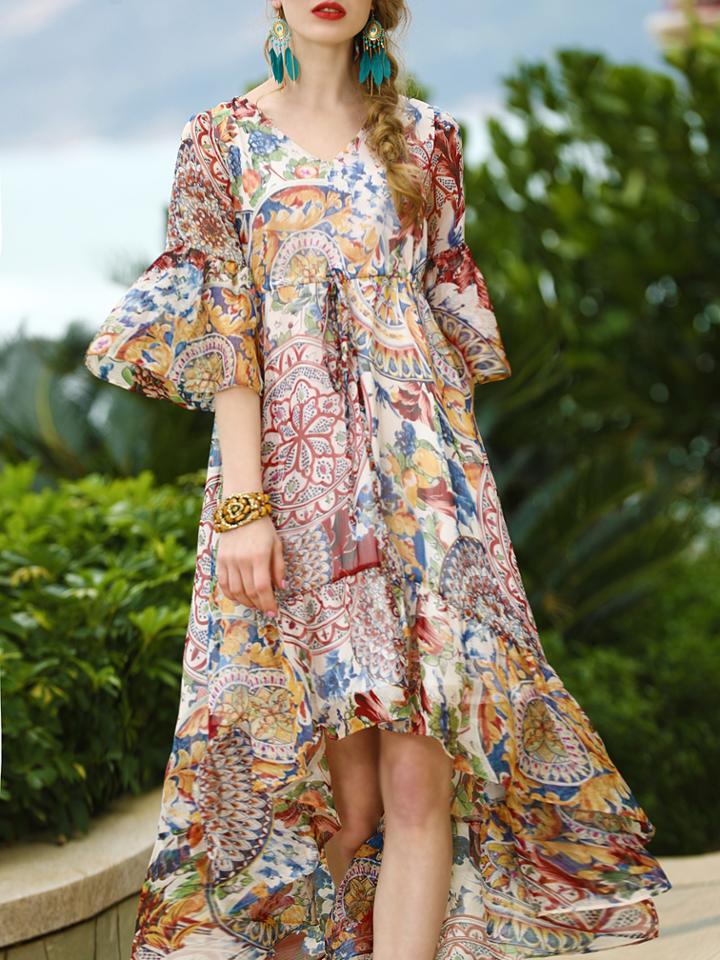 Shein V Neck Bell Sleeve High Low Print Dress