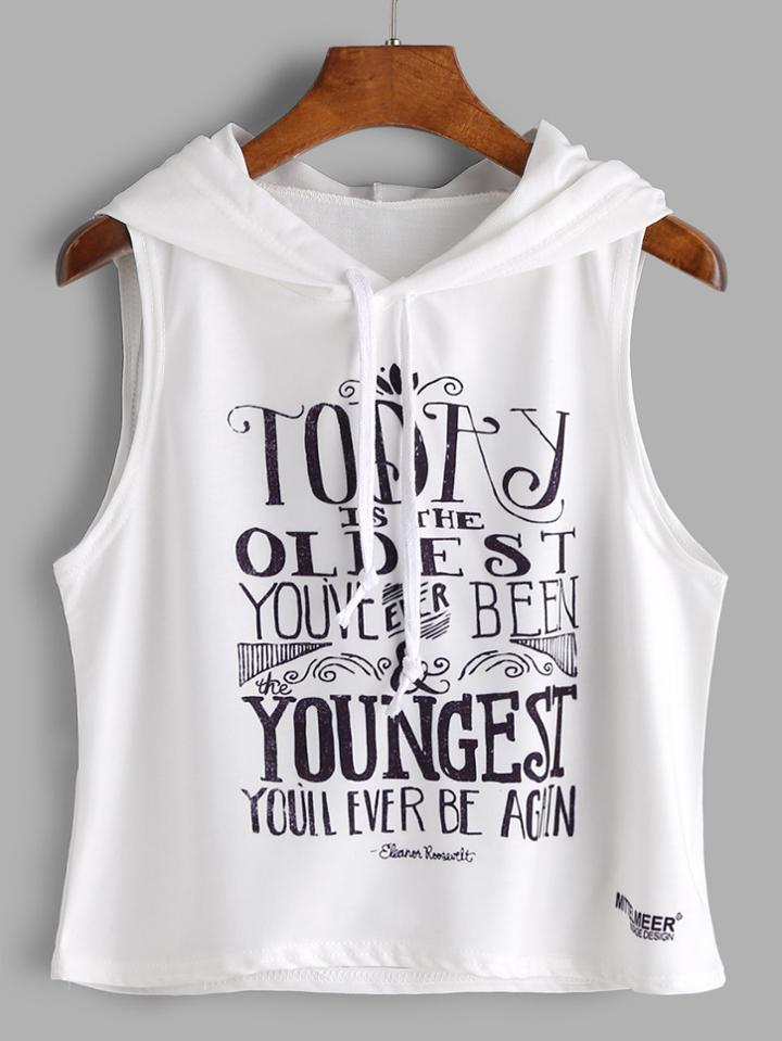 Shein White Slogan Print Sleeveless Hooded Top