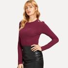 Shein Snap Button Shoulder Ribbed Knit Tee