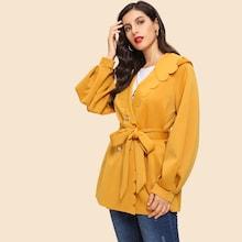 Shein Button Front Scallop Trim Belted Coat