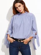 Shein Blue Vertical Striped Tie Sleeve Buttoned Back Blouse