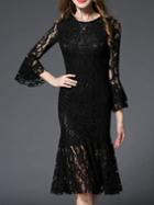 Shein Black Bell Sleeve Fishtail Lace Dress