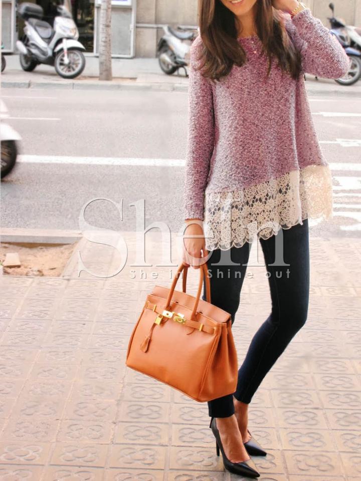 Shein Burgundy Lace Embroidered Hem Blouse