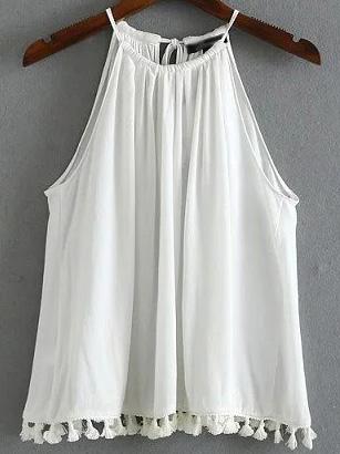Shein White Halter Tassel Shift Top