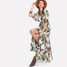 Shein Embroidered Tape Detail Button Up Tropical Dress