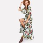 Shein Embroidered Tape Detail Button Up Tropical Dress