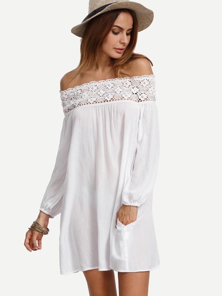 Shein White Off The Shoulder Crochet Shift Dress