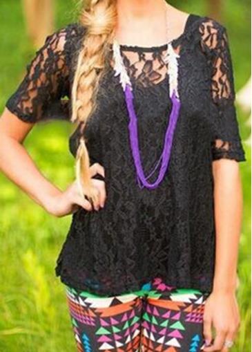 Rosewe Short Sleeve Bowknot Embellished Black Lace Blouse