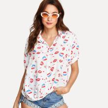 Shein Lip Print Single Breasted Shirt