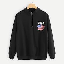 Shein Flag And Letter Print Quarter Zip Sweatshirt