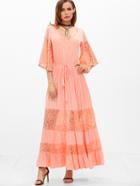 Shein Lace Insert Kimono Sleeve Drawstring Waist Tiered Dress