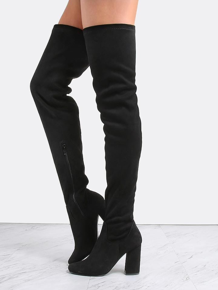 Shein Square Toe Suede Thigh Boots Black