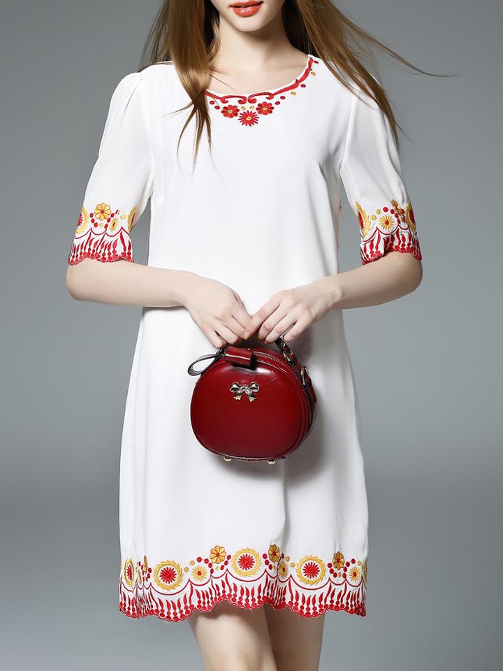 Shein White Crew Neck Embroidered Shift Dress