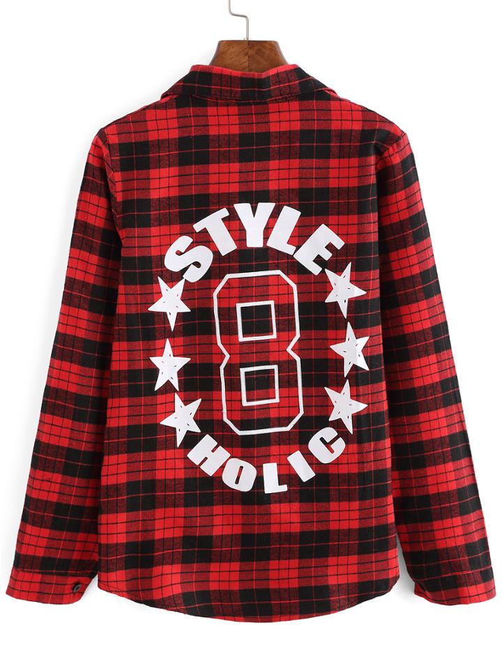 Shein Black Red Plaid Letter Print Blouse