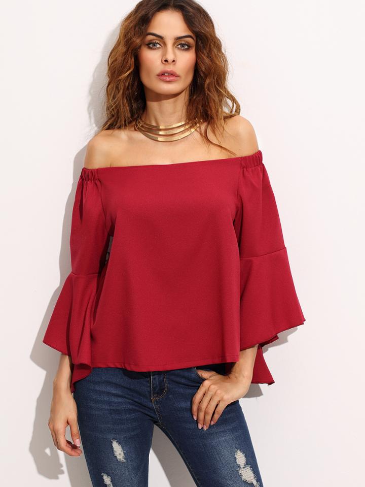 Shein Burgundy Off The Shoulder Bell Sleeve Blouse