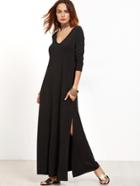 Shein Black Deep V Neck Side Slit Maxi Dress