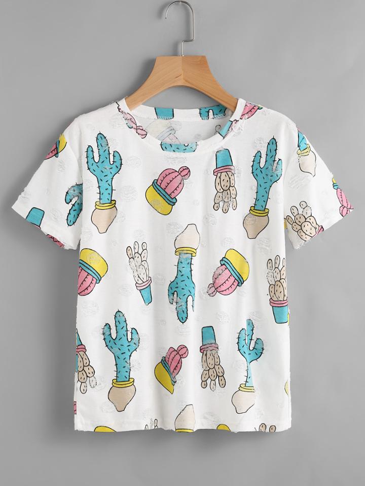 Shein Cactus Print Frayed Jacquard Tee