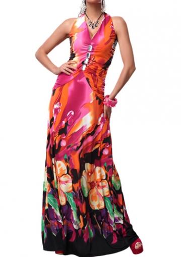 Rosewe Halter Neck Flower Print Maxi Dress