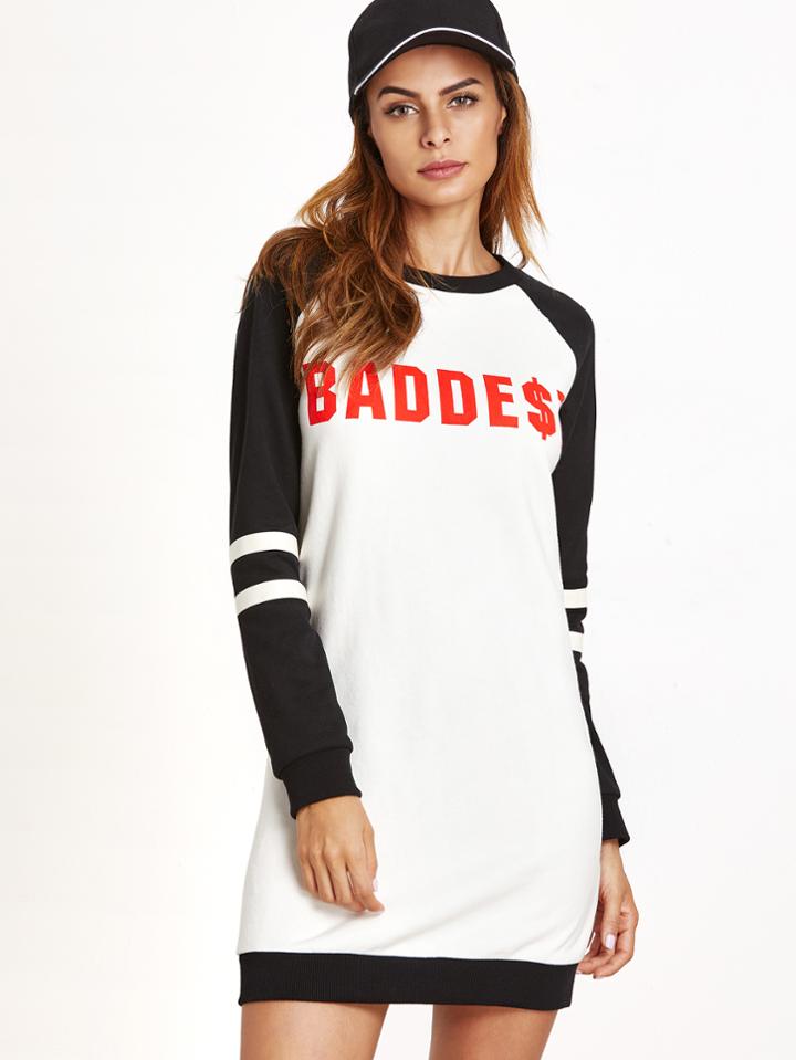 Shein Contrast Letter Print Striped Raglan Sleeve Sweatshirt Dress
