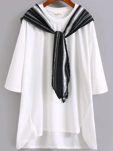 Shein White Round Neck Dip Hem T-shirt With Cape