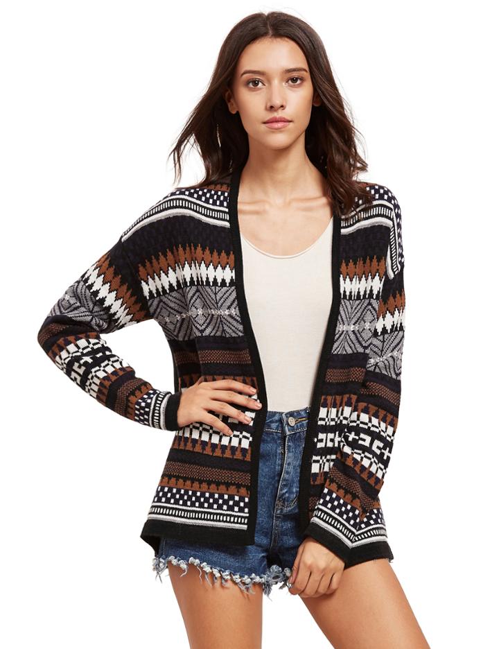 Shein Black Geometric Pattern Sweater Cardigan