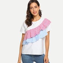 Shein Contrast Plaid Ruffle Blouse