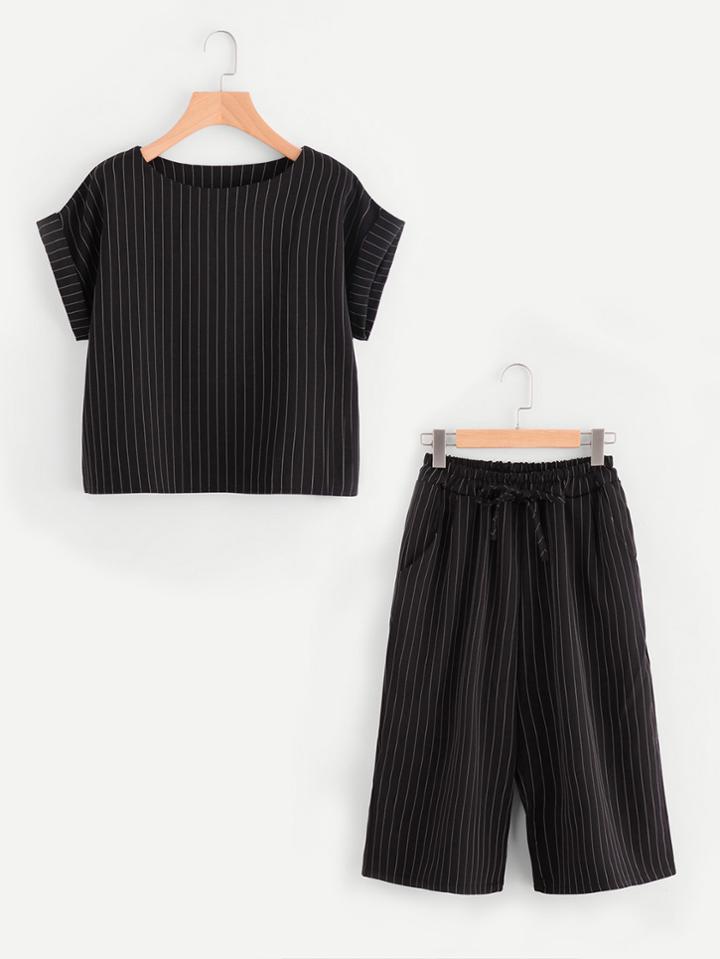 Shein Pinstriped Rolled Cuff Top With Self Tie Pants