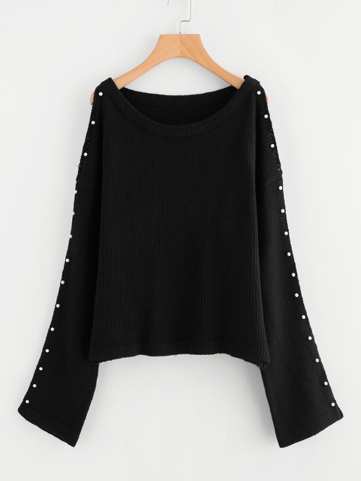 Shein Open Shoulder Pearl Beading Sleeve Jumper