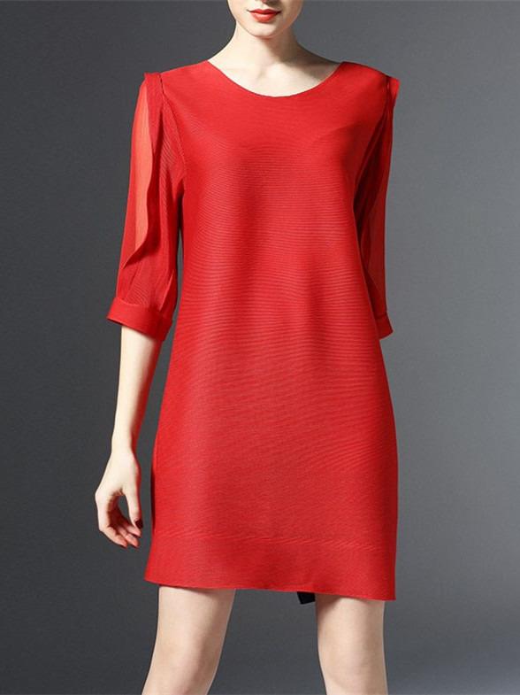 Shein Red Crew Neck Sheer Mesh Shift Dress