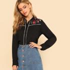Shein Contrast Tipping Flower Embroidered Button Up Shirt