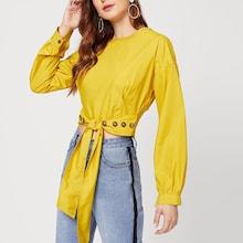 Shein Button Detail Knot Waist Blouse