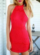 Shein Red Halter Backless Lace Embroidered Bodycon Dress
