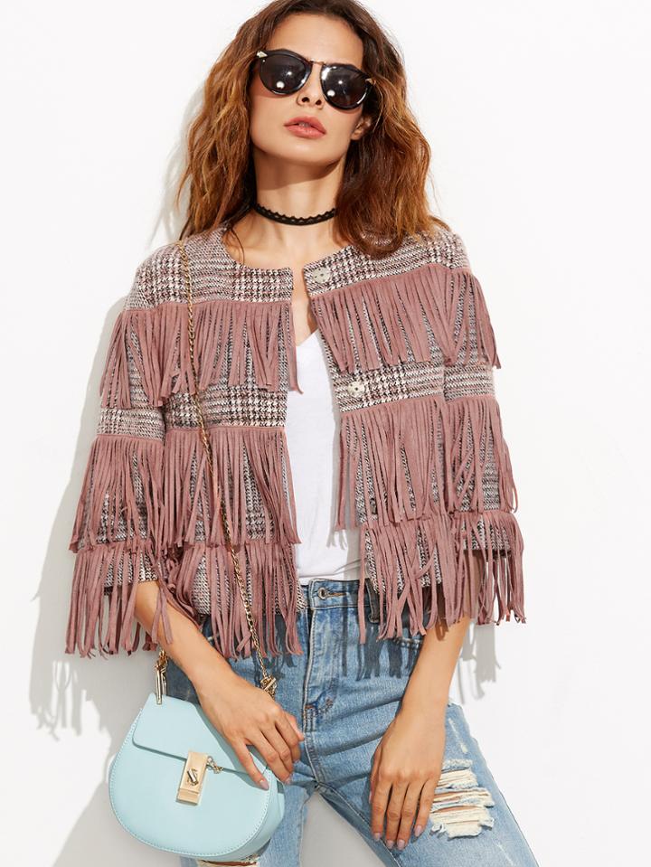 Shein Pink Collarless Tweed Jacket With Fringe Detail