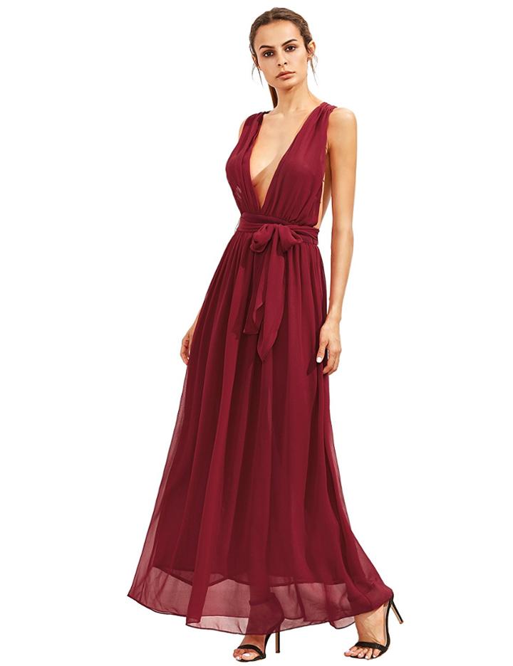 Shein Burgundy Deep V Neck Self Tie Waist Maxi Dress