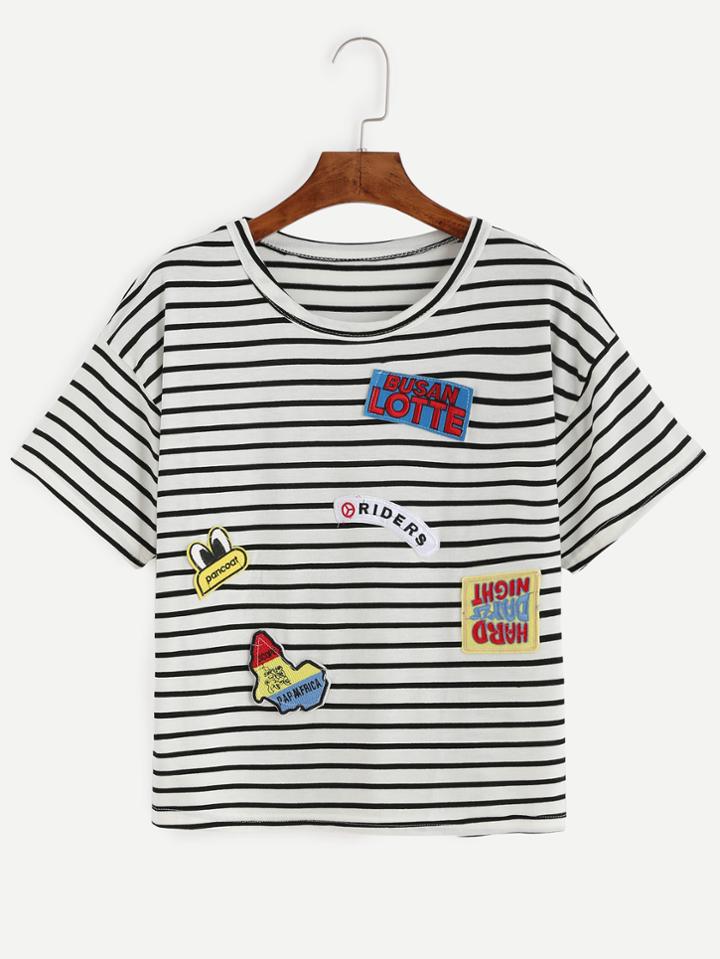 Shein Horizon Striped Embroidered Patches Tee