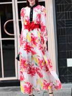 Shein Red Bow Elastic-waist Floral Maxi Dress