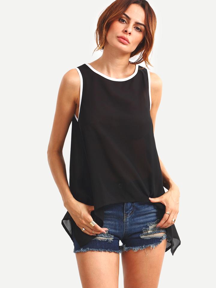Shein Contrast Trim Asymmetric Chiffon Tank Top - Black