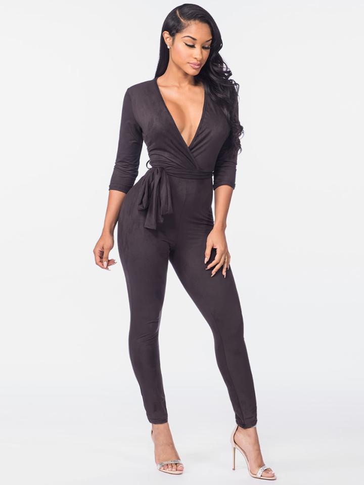 Shein Plunging V-neckline Self Tie Surplice Catsuit