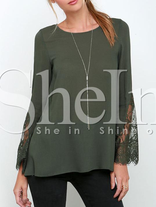 Shein Army Green Long Sleeve With Lace Blouse