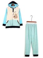 Shein Dog Embroidered Hoodie Plush Top &  Striped Pants Pj Set